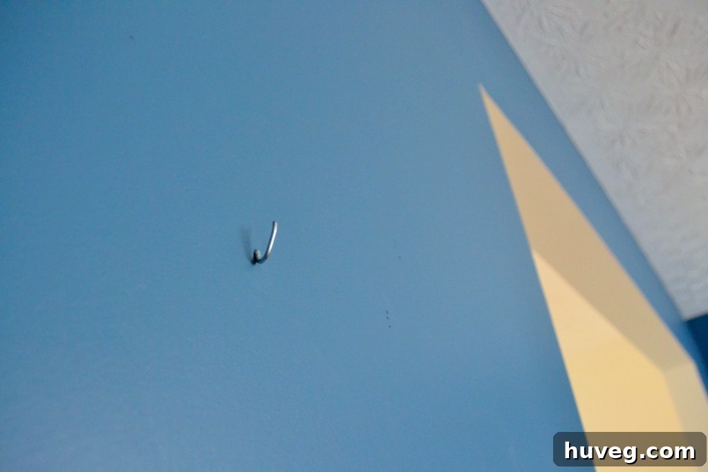 A Monkey Hook securely installed in the wall, demonstrating its discreet profile and readiness to hold artwork.