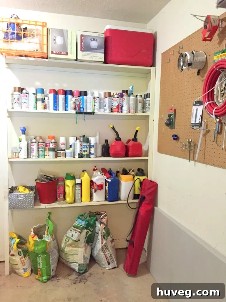 Back nook of garage with spray paints and gardening supplies neatly organized