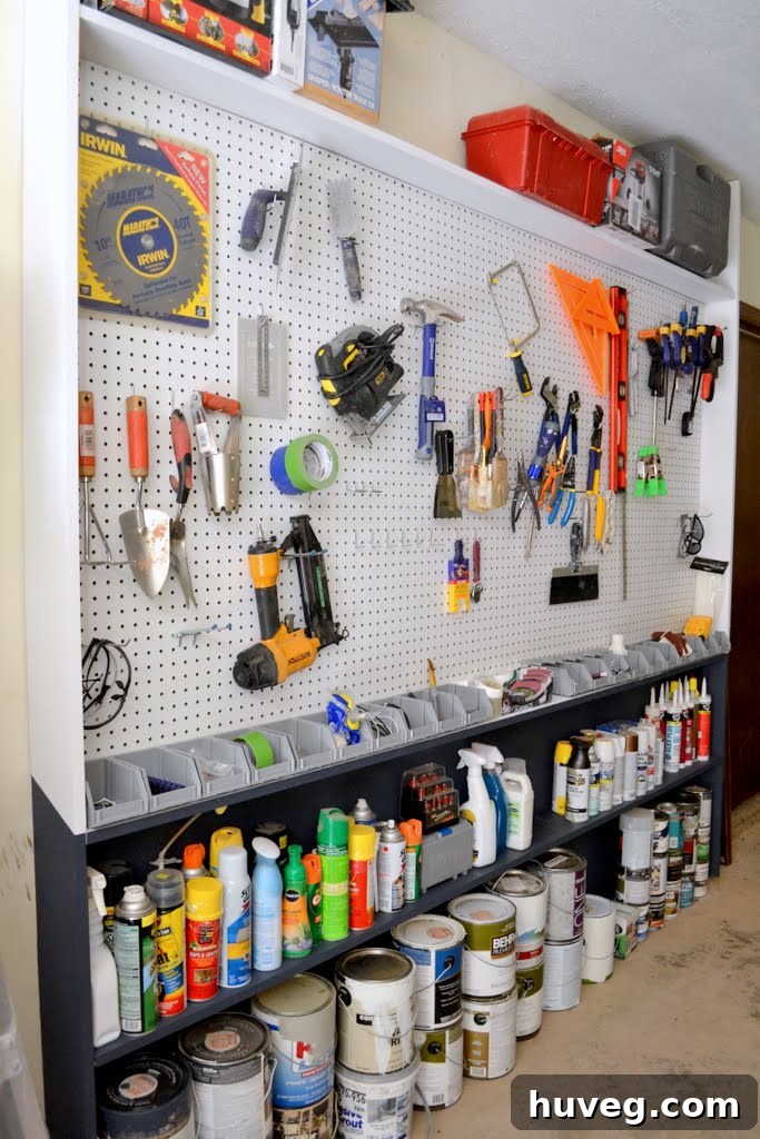 Final view of the finished pegboard wall, showcasing complete organization