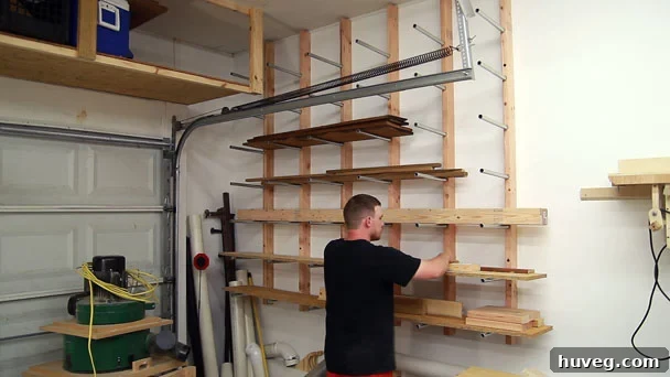 DIY lumber storage rack made with wood and conduit pipe