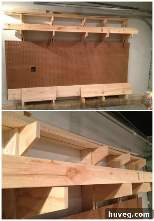 Wall-mounted lumber rack built with furring strips and plywood supports