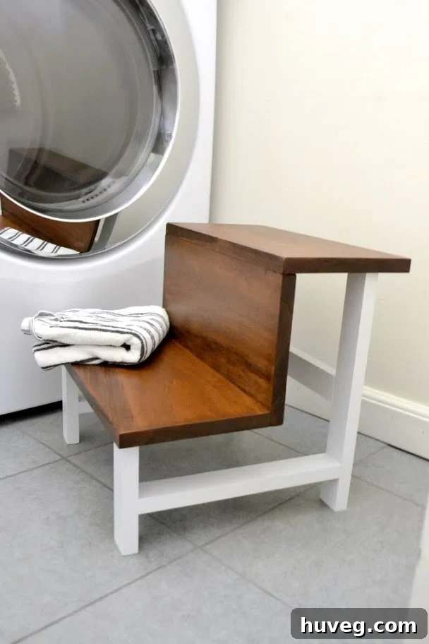 Finished modern step stool, built from a single board