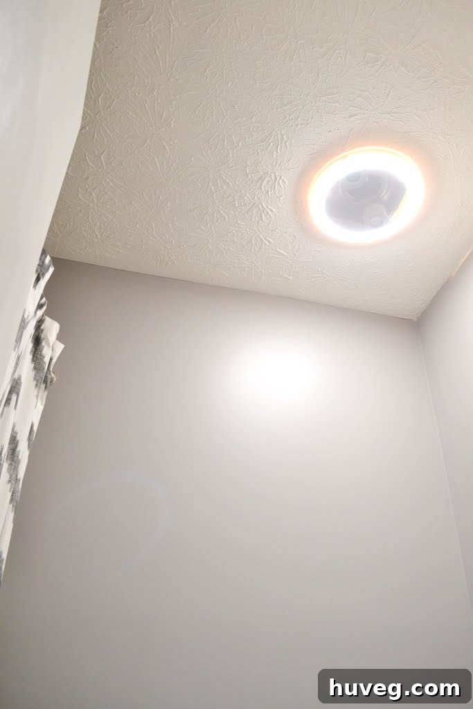 New Bluetooth vent and light in guest bathroom