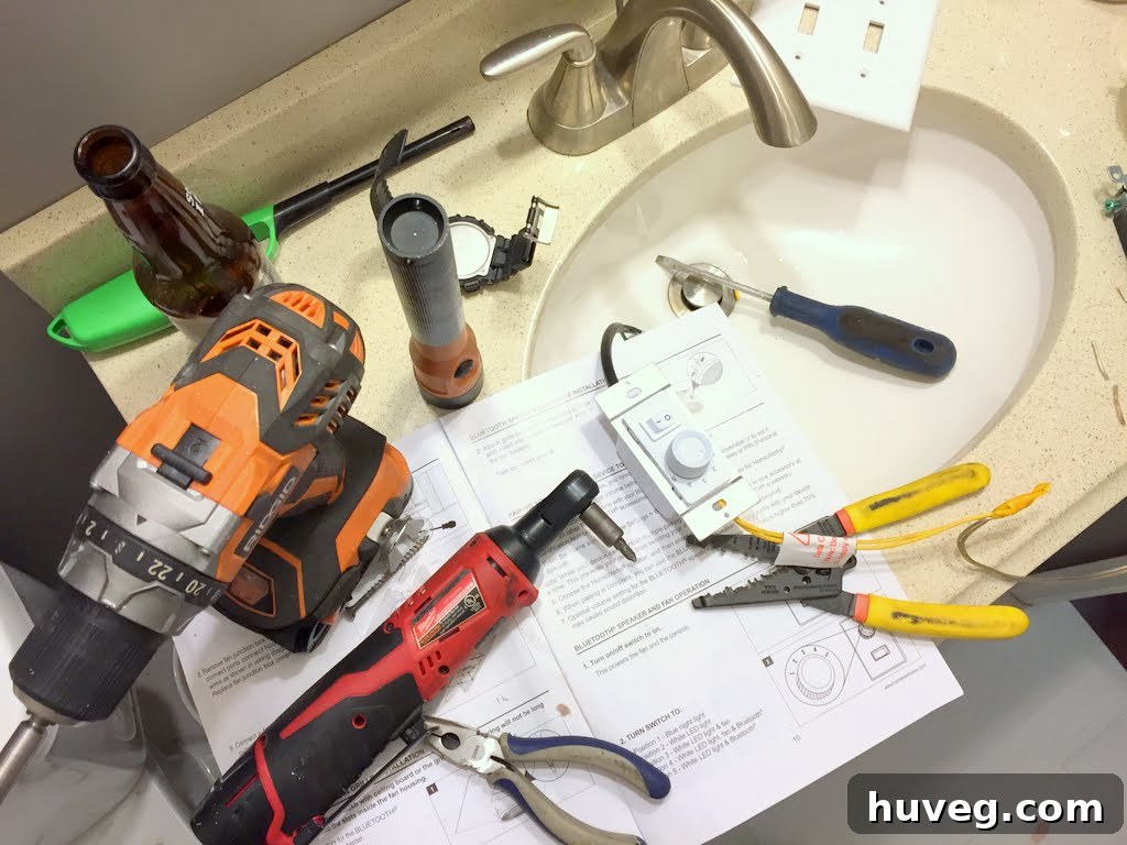 Tools laid on vanity sink