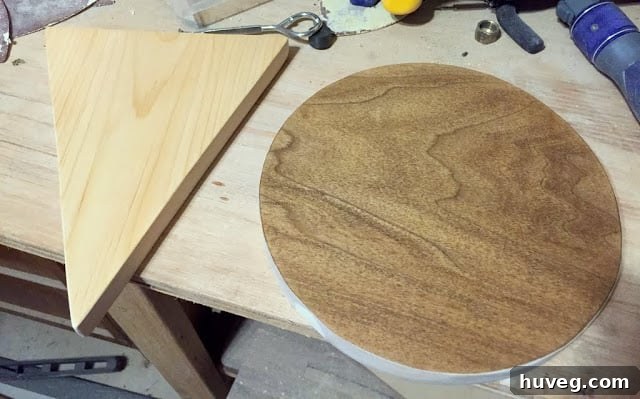 Comparison of two finished scrap wood pieces: a light triangular one and a dark round one, showing staining differences.