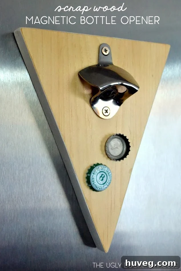 A beautifully crafted magnetic wall-mounted bottle opener from scrap wood, highlighting unique design possibilities.