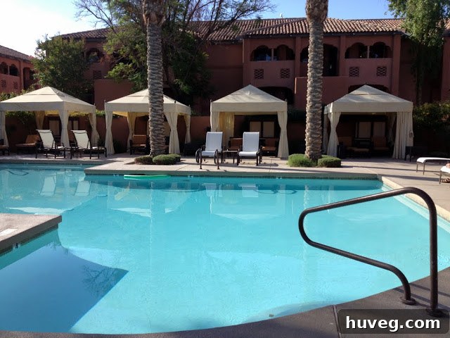 The inviting pool at the resort after long filming days