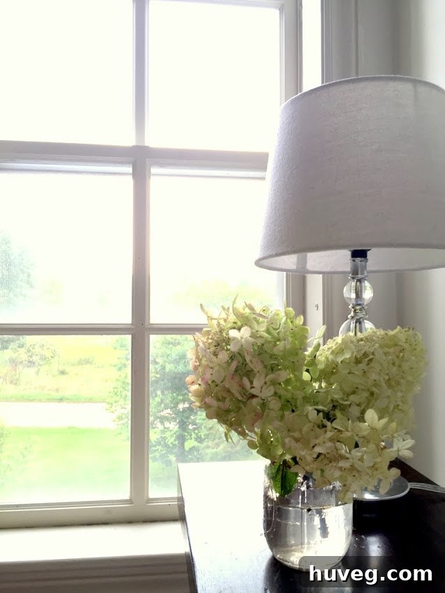 Guest room view with green hydrangeas