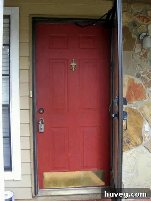 My old red door with brass accents, looks so dated and mismatched against the tan house with dark wood trim