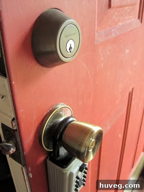 Before photo of the old front door, showing original hardware and paint.