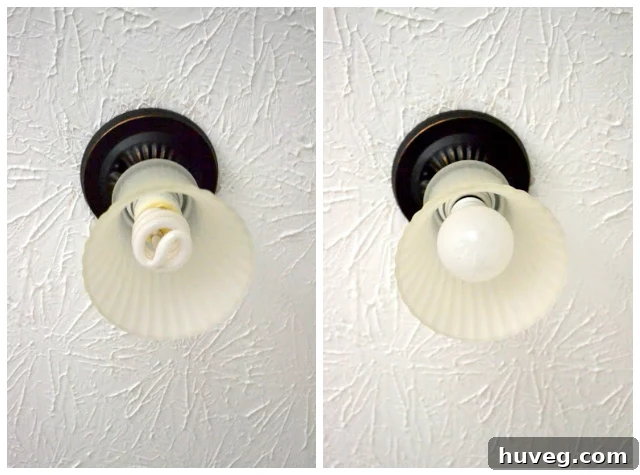 Side-by-side comparison of a CFL bulb and an LED bulb