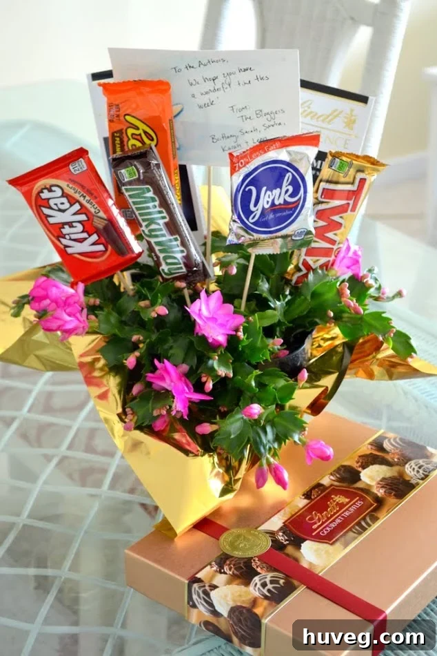 Potted flower with candy bouquet exploding from it, a unique DIY gift idea.