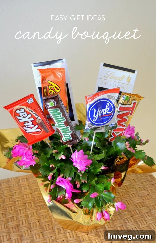 Finished DIY candy bouquet featuring popular chocolate bars, a perfect easy gift idea.