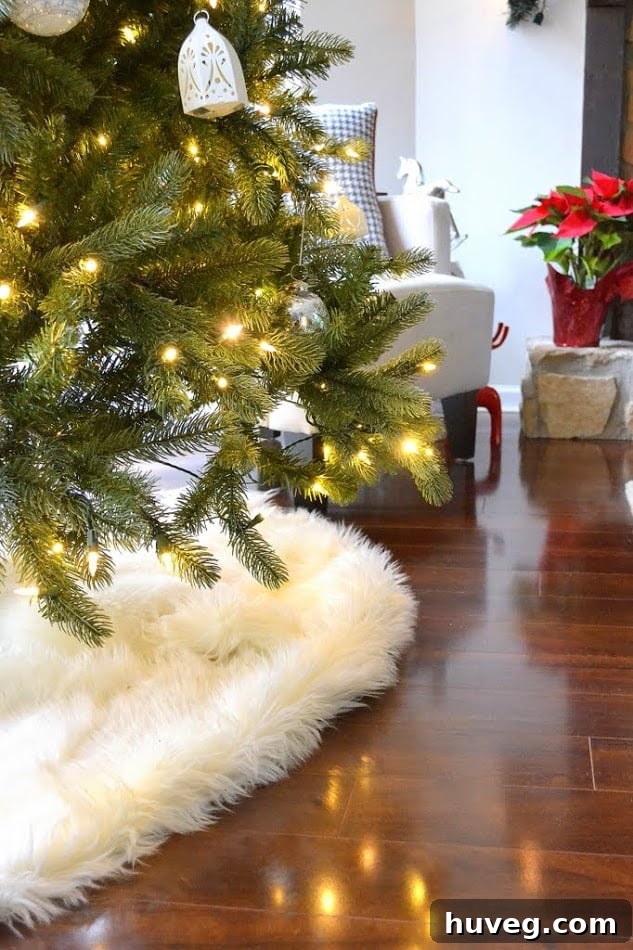 Luxurious no-sew faux sheepskin fur tree skirt adding warmth to holiday decor