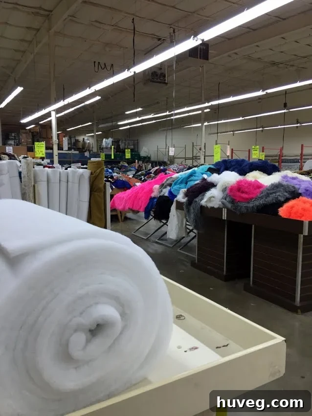 Fabric World, a discount fabric warehouse with piles of remnants