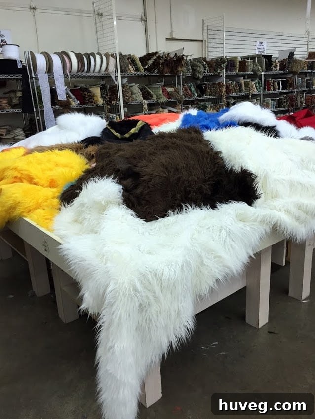 Close-up of tables filled with various faux fur fabric samples