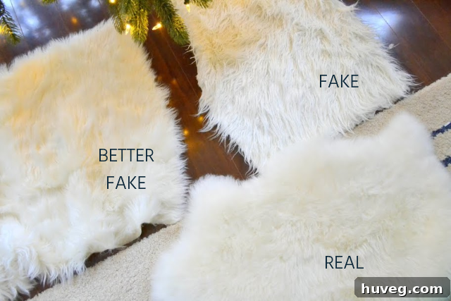 Close-up comparison of faux fur fabric texture versus real sheepskin