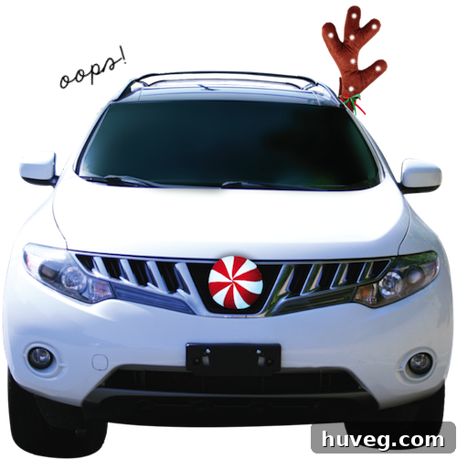 A car adorned with festive reindeer antlers, a humorous sight on the road during the holiday season.