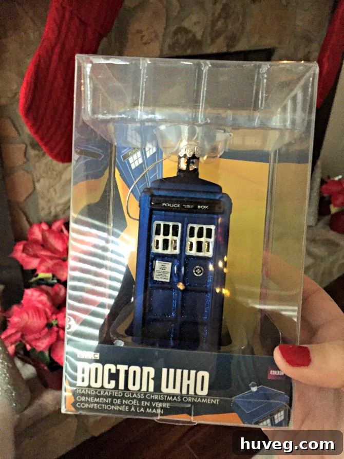 A Doctor Who themed Christmas ornament, intricately designed, adding a touch of sci-fi fandom to holiday decor.