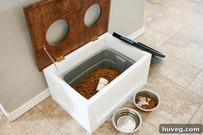 A functional DIY dog food station with integrated storage by Addicted to DIY, designed for pet owners.