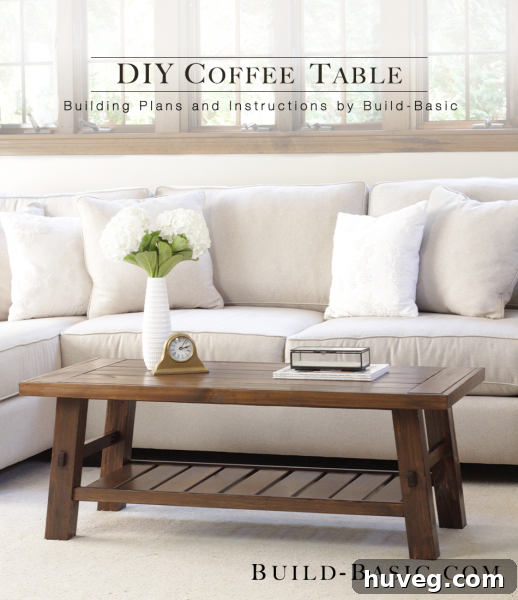 A beautifully stained wooden DIY coffee table by Build Basic, showcasing meticulous craftsmanship.