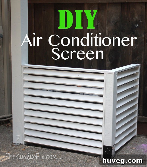 A stylish louvered DIY air conditioner screen by Kim Six Fix, blending functionality with outdoor aesthetics.