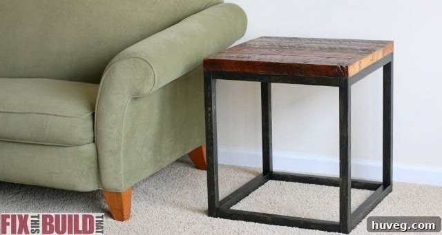 A rustic reclaimed industrial side table by Fix This Build That, highlighting the wood's natural character.