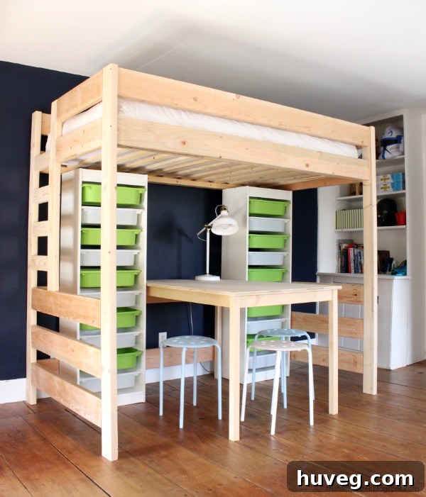 A custom loft bed with integrated Lego storage by That's My Letter, designed for a child's room.
