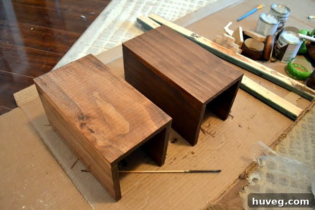 DIY wooden couch sleeve after staining, awaiting final polyurethane coat