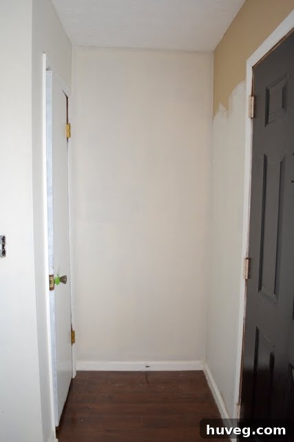 Close-up of entryway painting in progress, showing the fresh transition from tan to a brighter cream near the closet.
