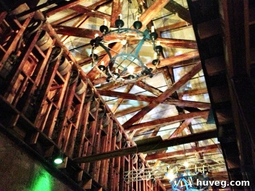Detailed view of the unique ceiling beams at The Masquerade venue