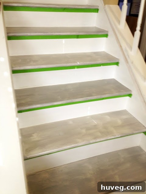 Stairs after two coats of gray primer