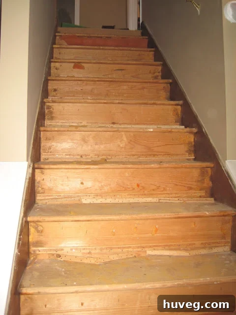 Bare stairs after carpet removal, revealing raw wood