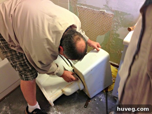 Toilet being removed during bathroom renovation