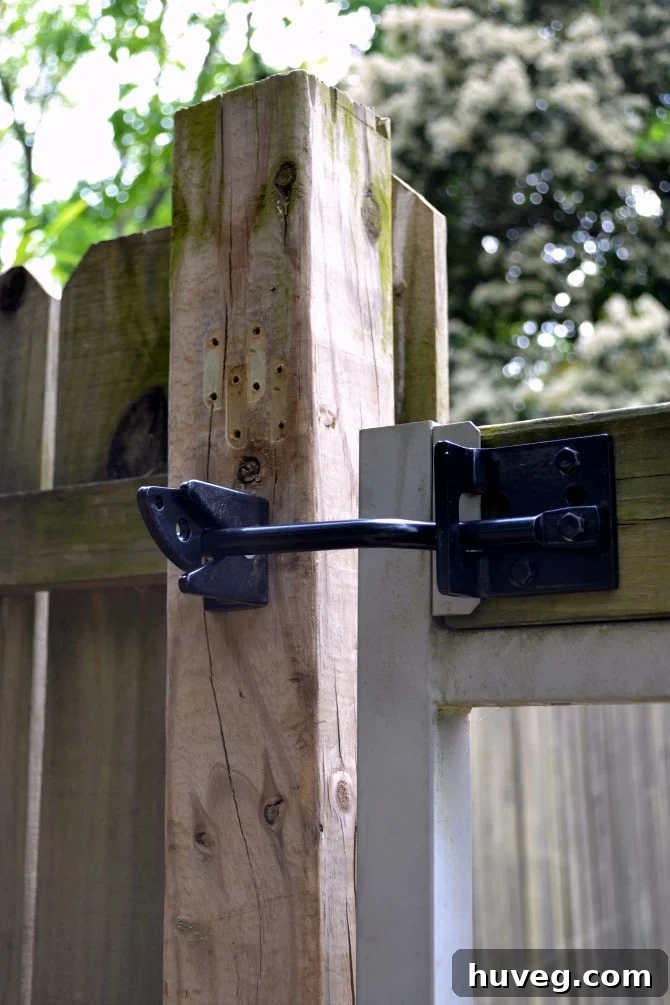 Newly installed heavy-duty gate latch on the gate, looking sturdy and functional