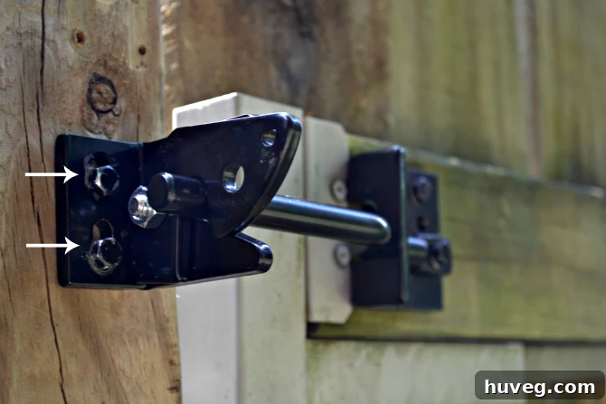 Close-up of the elongated screw holes on the left side of the adjustable gate latch striker, demonstrating its adjustability