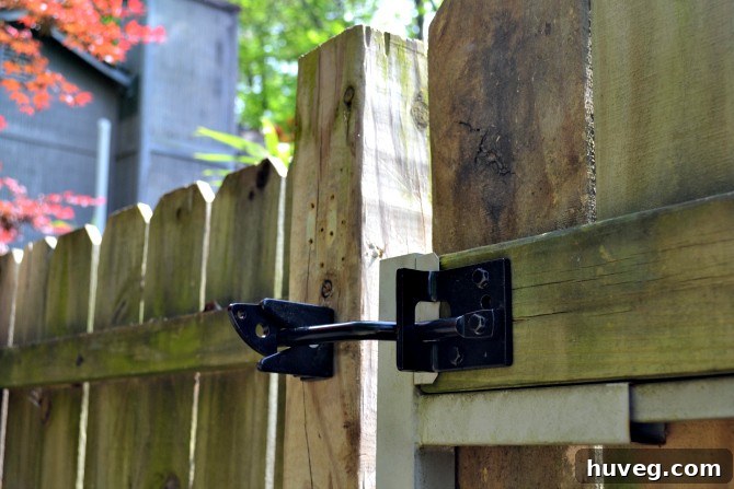 Gate with new heavy-duty hardware installed and replaced wooden picket, showing completed repair
