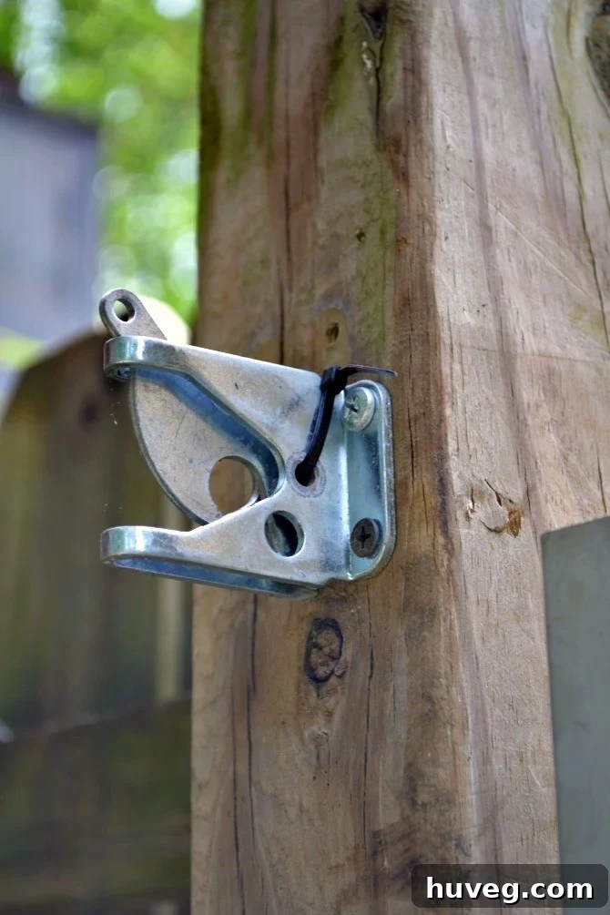 Close-up of old, damaged gate hardware before removal