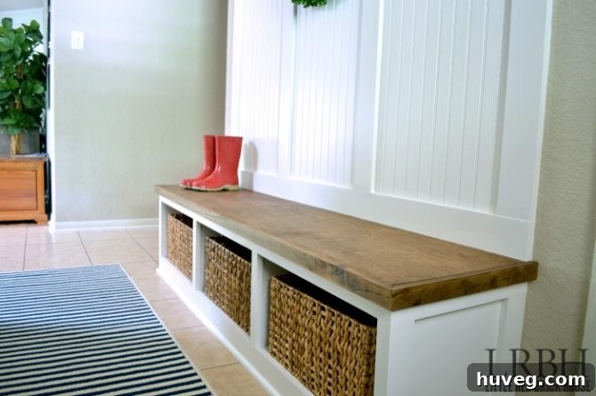 DIY mudroom bench with basket storage by Little Red Brick House
