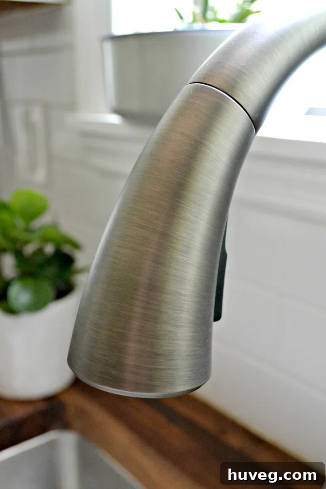 Detailed view of Pfister Pasadena faucet's slate finish texture