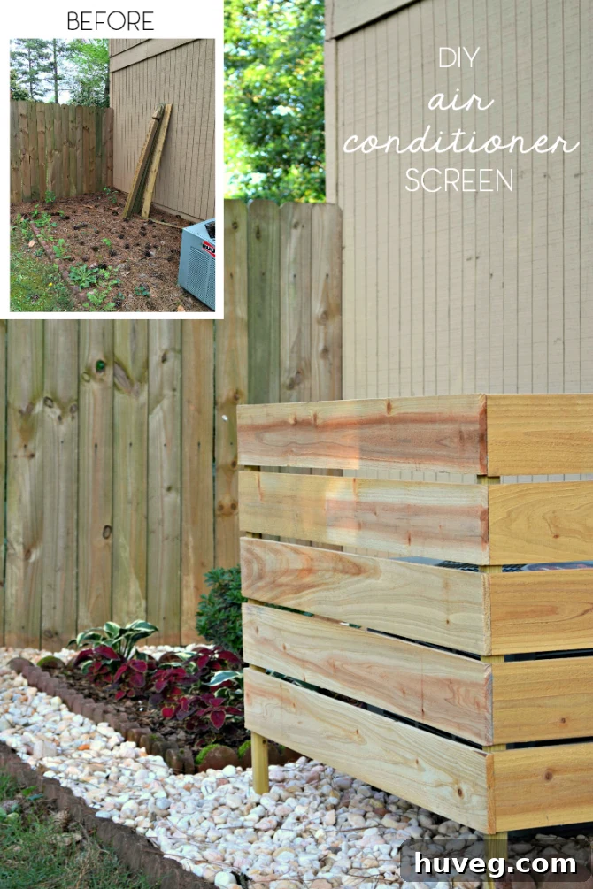 Before and after photos of my DIY air conditioner screen that keeps your air conditioner hidden from view. 
