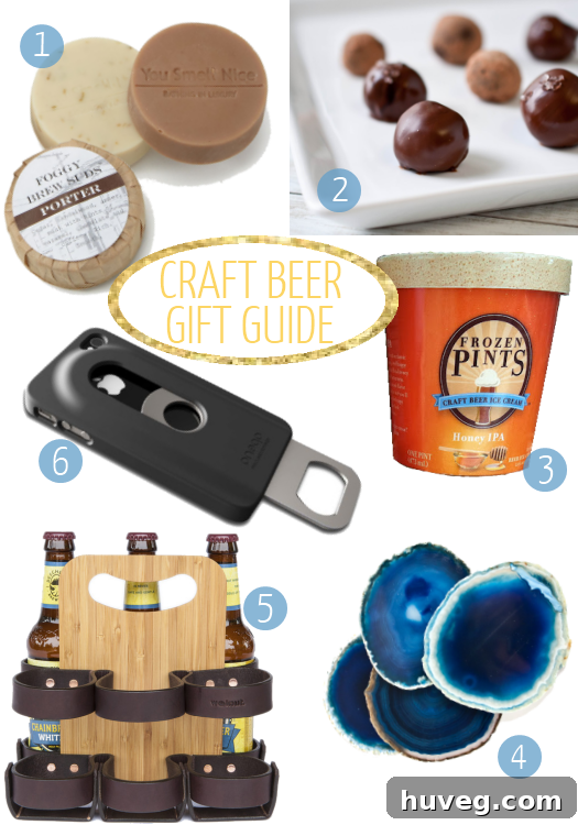 Craft Beer Lover Gift Guide featuring various beer-themed items, perfect for enthusiasts.