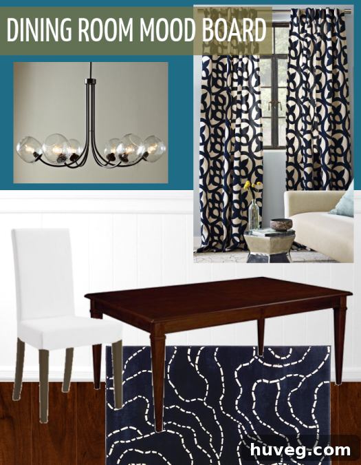 Modern dining room mood board with stylish furniture and lighting
