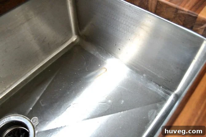 Detailed view of a dirty stainless steel sink, highlighting common rust spots before cleaning