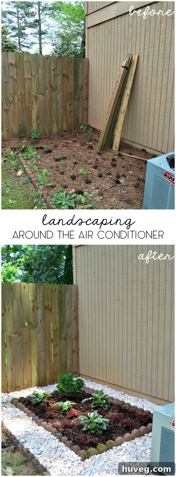 Before and after comparison of landscaping around the AC unit