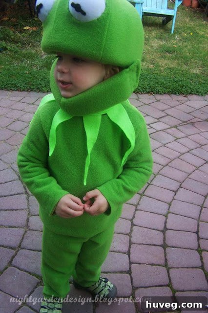 A charming, homemade Kermit the Frog costume, complete with big eyes and green fabric, from Night Garden Design.