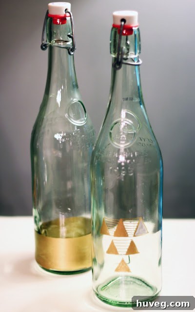 Elegant gold leaf decorative bottles crafted by Myers Maison, showcasing simple yet impactful DIY decor.