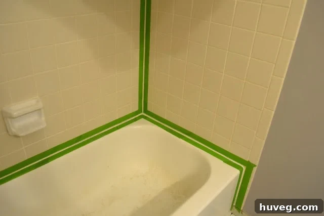 Taped shower corner ready for caulk