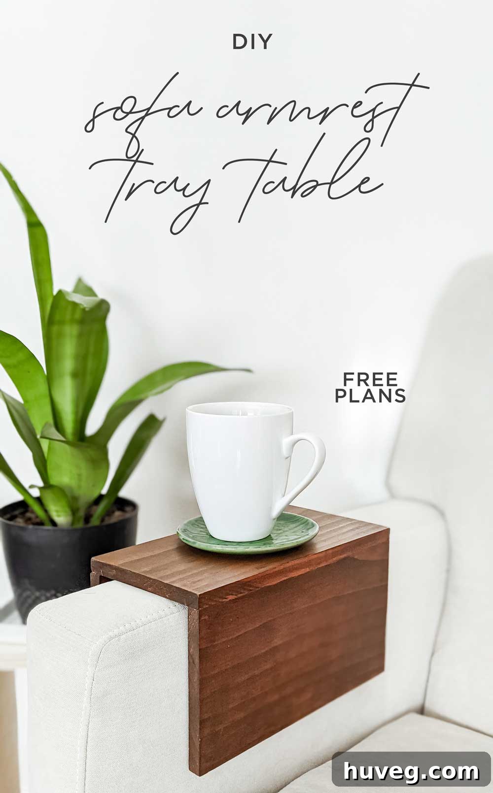 DIY sofa armrest tray table in a living room setting