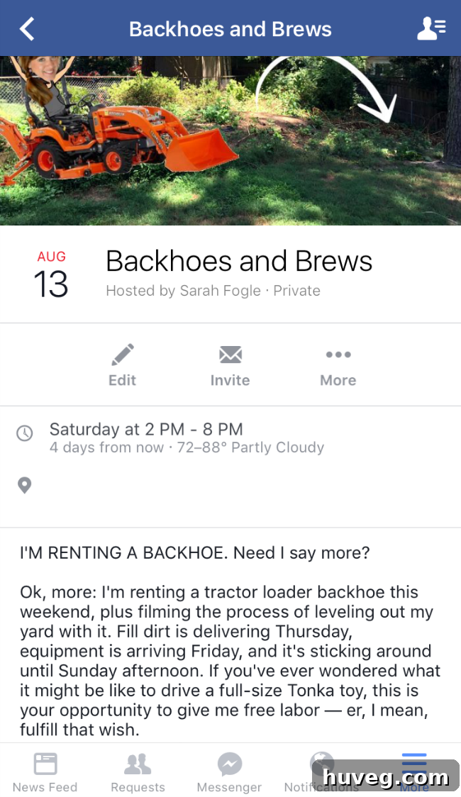Friends gathered around a backhoe for a casual 'backhoes and brews' gathering.